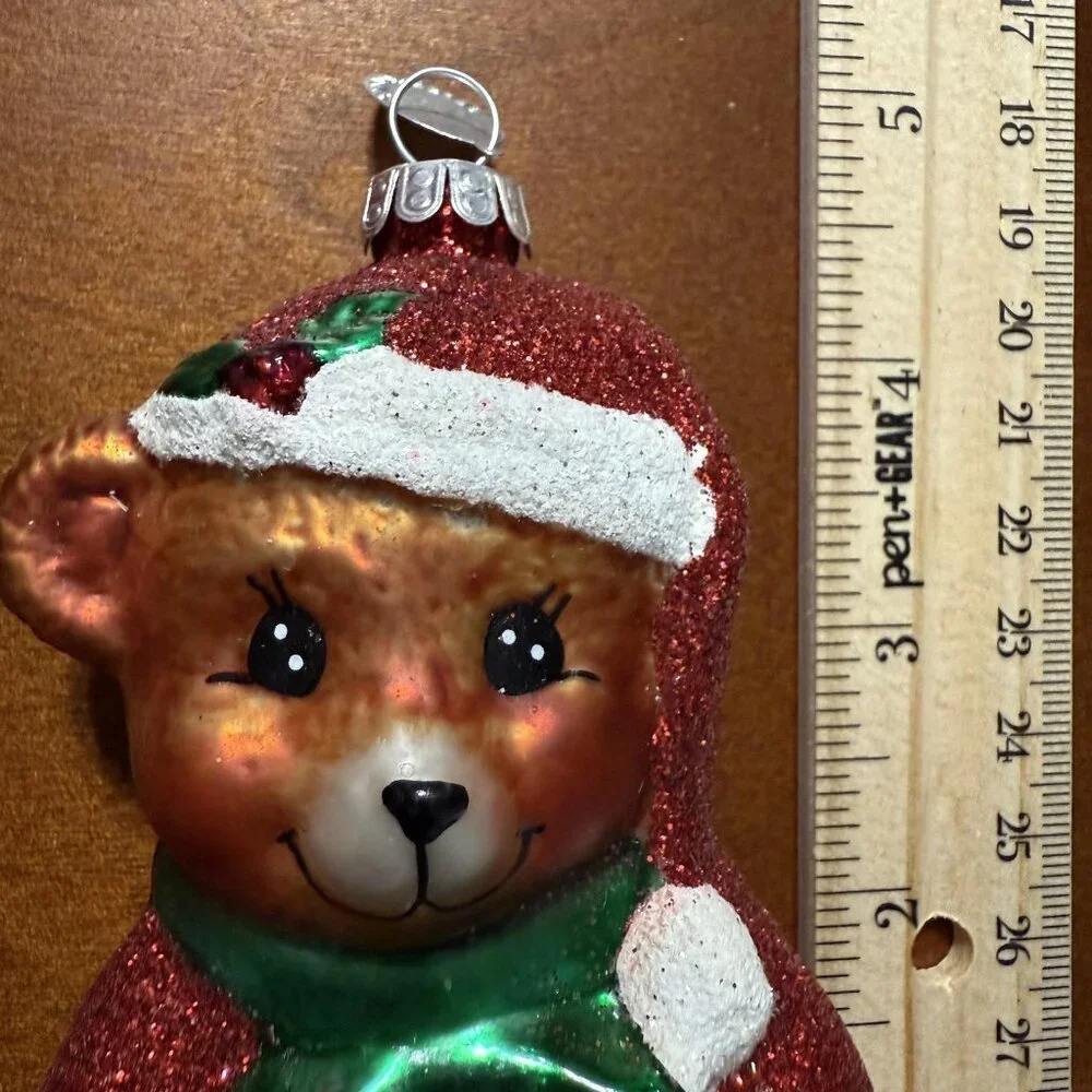 Christopher Radko Teddy Bear Christmas Ornament‎ Retro Glass Red Green Glitter